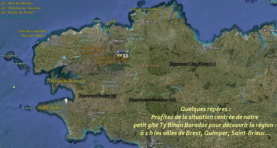Situation de notre petit gte en Bretagne, dans le Finistre, proche des Cotes d'Armor